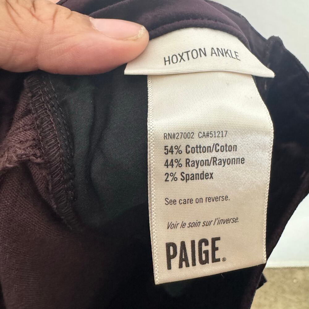 PAIGE Hoxton Ankle Velvet Pants Sz 24 Burgundy High Rise Skinny‎ NWT - Picture 9 of 14